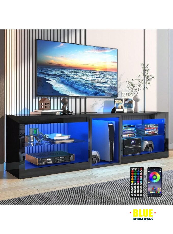 Local55/63inch LED TV Stand With Adjustable USB Powered LED Light/Outlet For 60 65 70 Inch TV,Modern High Gloss Entertainment Center With Glass Shelve For P5/Gameroom/Bedroom/Living Room