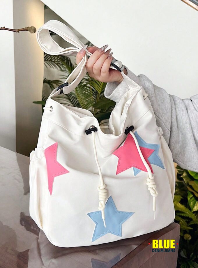New Arrival Spring/Summer Solid Color Nylon 5-Pointed Star Decor Large Capacity Tote Bag, Women's Shoulder & Crossbody Bag For Students, Literary School Bag & Bookbag For Women Or Students, School Bag, School Handbag, School Tote Bag, School Bookbag, Back