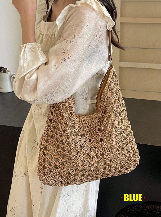 LocalWomen's Hand-Woven Grandmother Check Contrasting Large Capacity Tote Bag, Beach Purse, Perfect For Summer, Vacation & Daily Use, Travel Must Haves, Summer Straw Beach Bag For Women