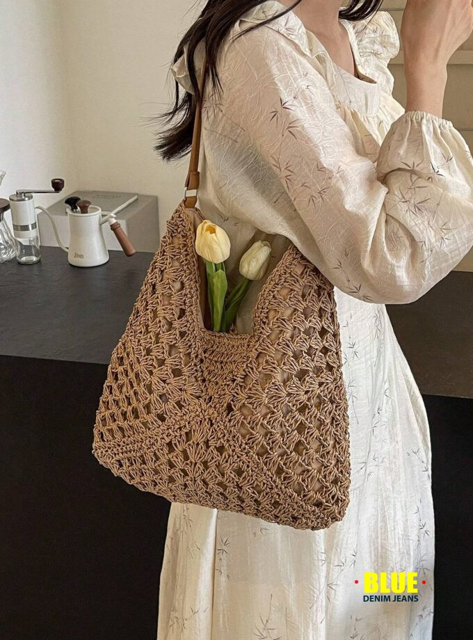 LocalWomen's Hand-Woven Grandmother Check Contrasting Large Capacity Tote Bag, Beach Purse, Perfect For Summer, Vacation & Daily Use, Travel Must Haves, Summer Straw Beach Bag For Women