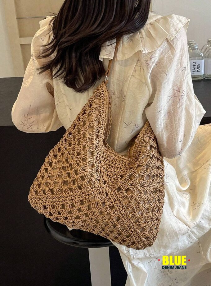 LocalWomen's Hand-Woven Grandmother Check Contrasting Large Capacity Tote Bag, Beach Purse, Perfect For Summer, Vacation & Daily Use, Travel Must Haves, Summer Straw Beach Bag For Women