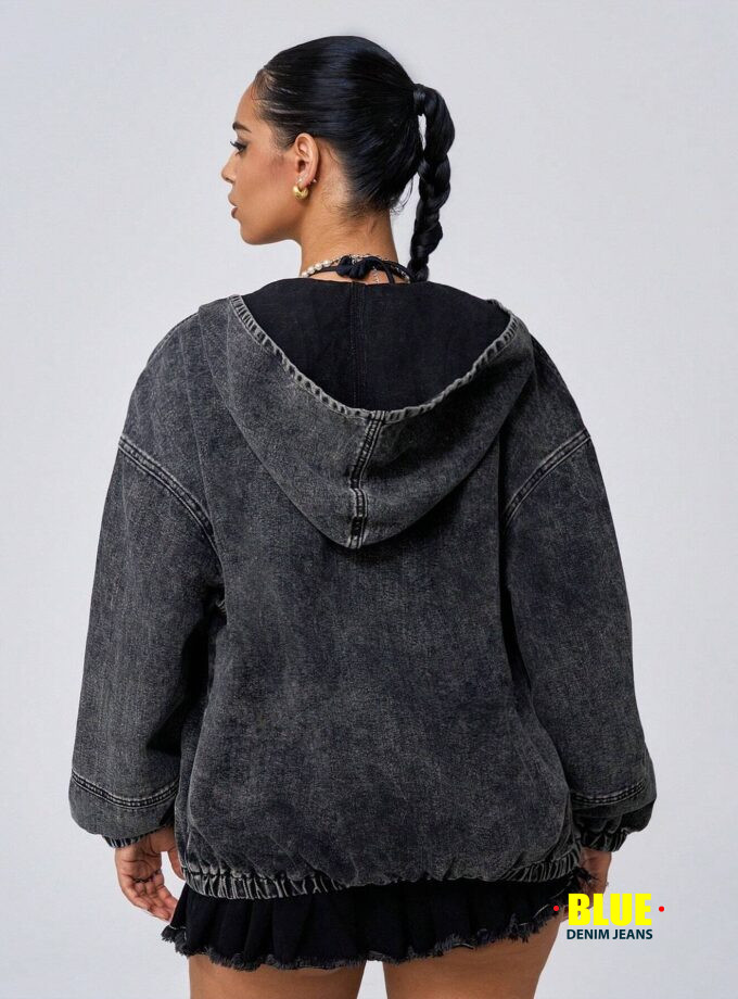 Jeanoix Women's Front Zip Long Sleeve Denim Jacket