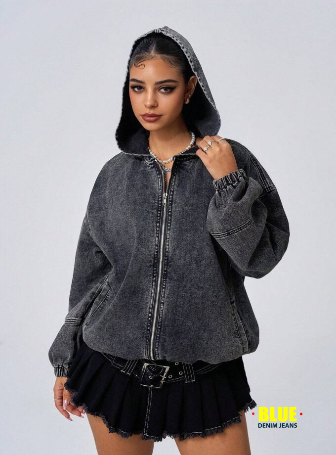 Jeanoix Women's Front Zip Long Sleeve Denim Jacket