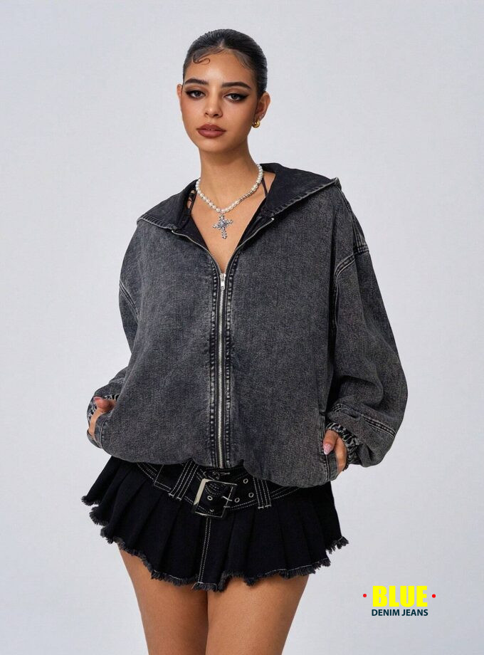 Jeanoix Women's Front Zip Long Sleeve Denim Jacket