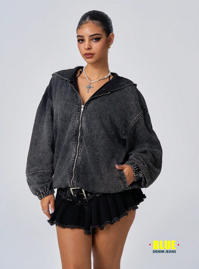 Jeanoix Women's Front Zip Long Sleeve Denim Jacket