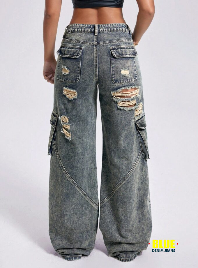 Jeanoix Women's Vintage Acid-Wash Wide-Leg Jeans