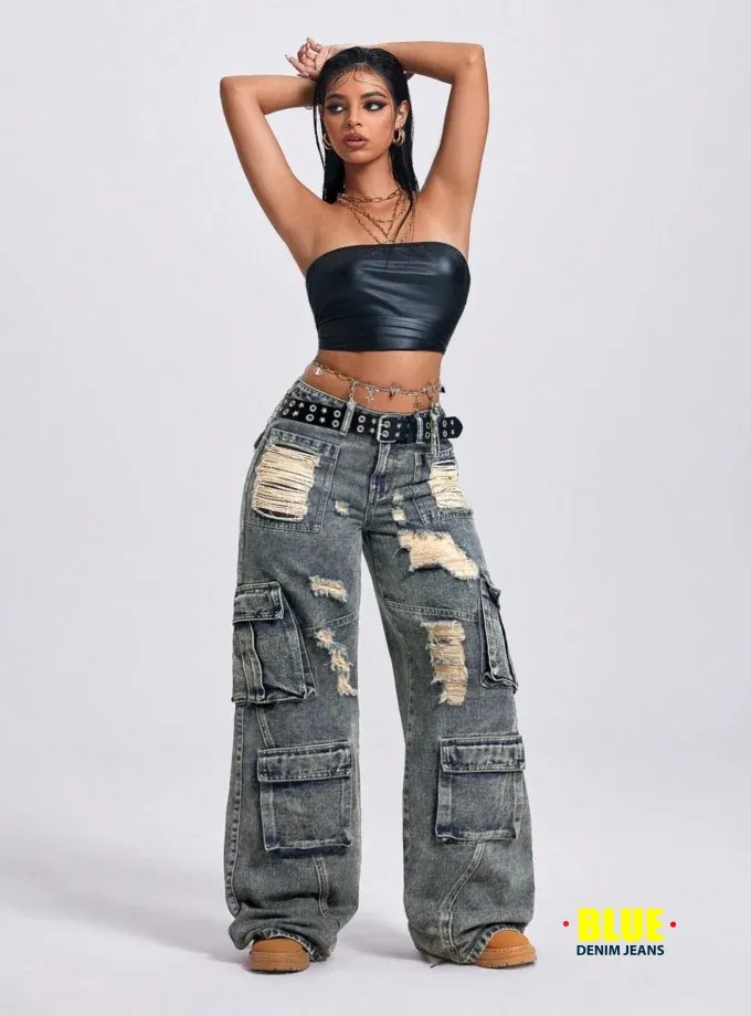 Jeanoix Women's Vintage Acid-Wash Wide-Leg Jeans