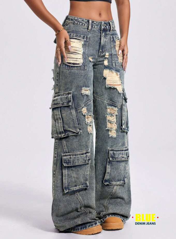 Jeanoix Women's Vintage Acid-Wash Wide-Leg Jeans