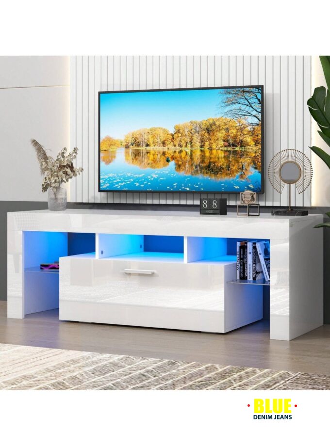 LocalTV Stand For TV Up To 70"e;, Living Room Entertainment Center With RGB LED Lights And Storage Shelves Furniture, White High Gloss TV Cabinet Console Table