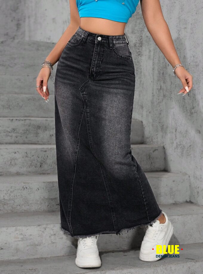 Jeanoix Fringed Washed Denim Maxi Skirt