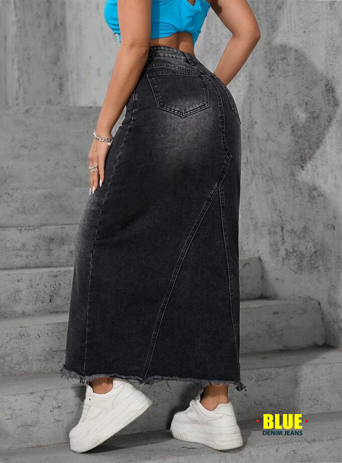 Jeanoix Fringed Washed Denim Maxi Skirt