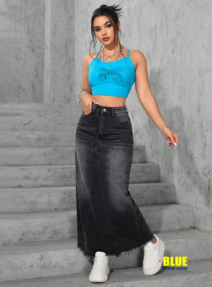 Jeanoix Fringed Washed Denim Maxi Skirt