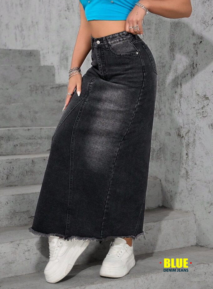 Jeanoix Fringed Washed Denim Maxi Skirt
