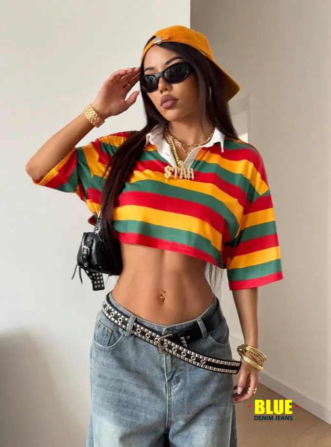 StreetHx Women's Striped Oversized Polo T-Shirt