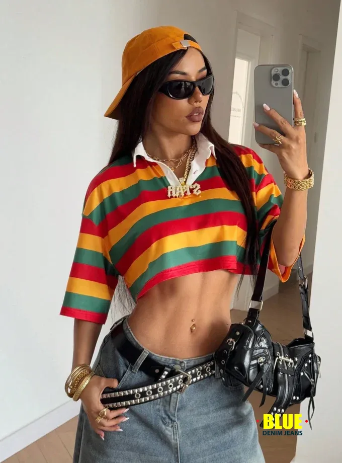 StreetHx Women's Striped Oversized Polo T-Shirt