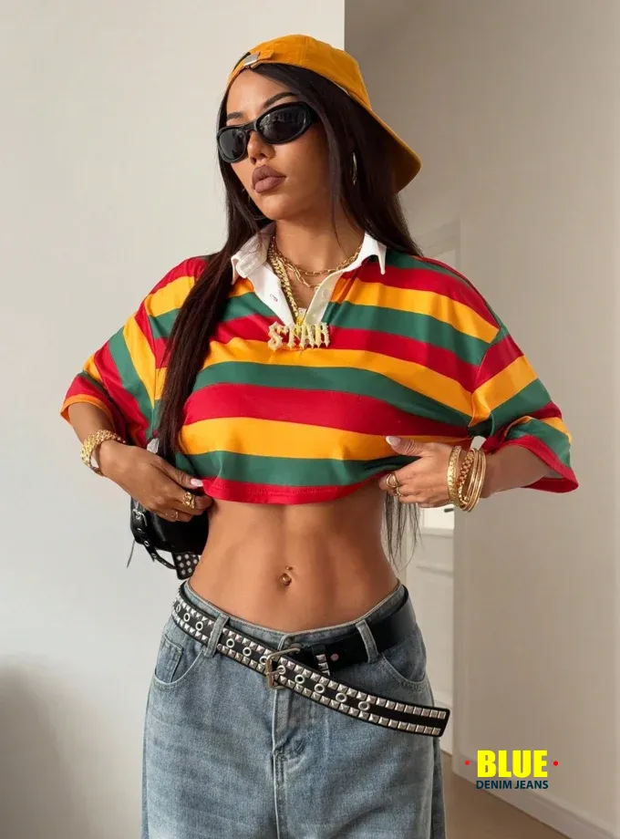 StreetHx Women's Striped Oversized Polo T-Shirt