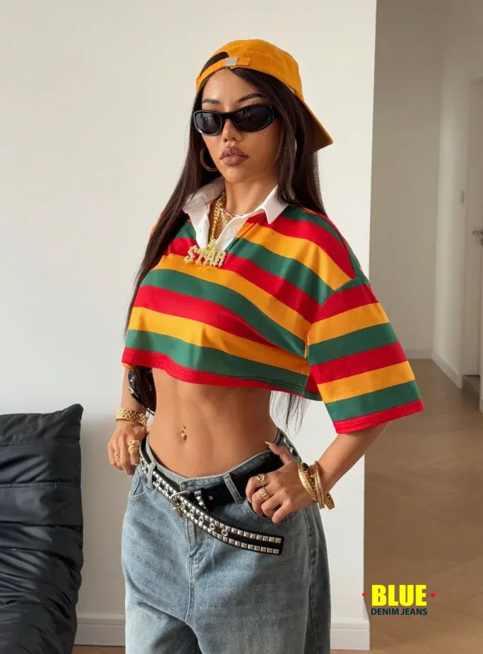 StreetHx Women's Striped Oversized Polo T-Shirt