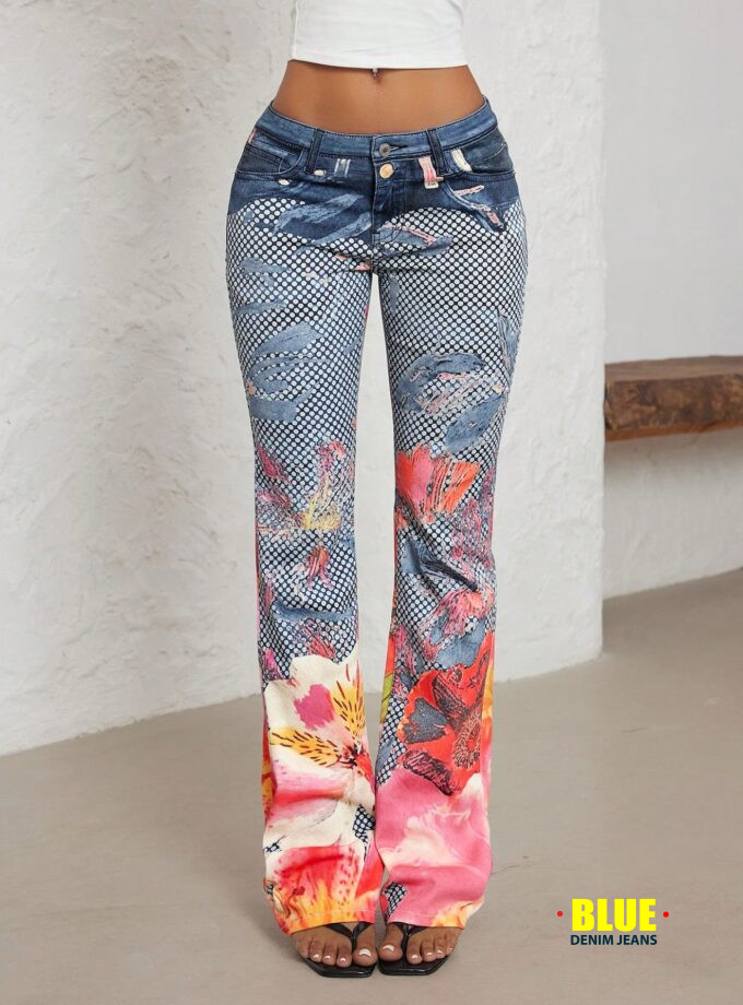 Jeanoix Women's Y2K Floral Flare Denim Jeans with Pockets