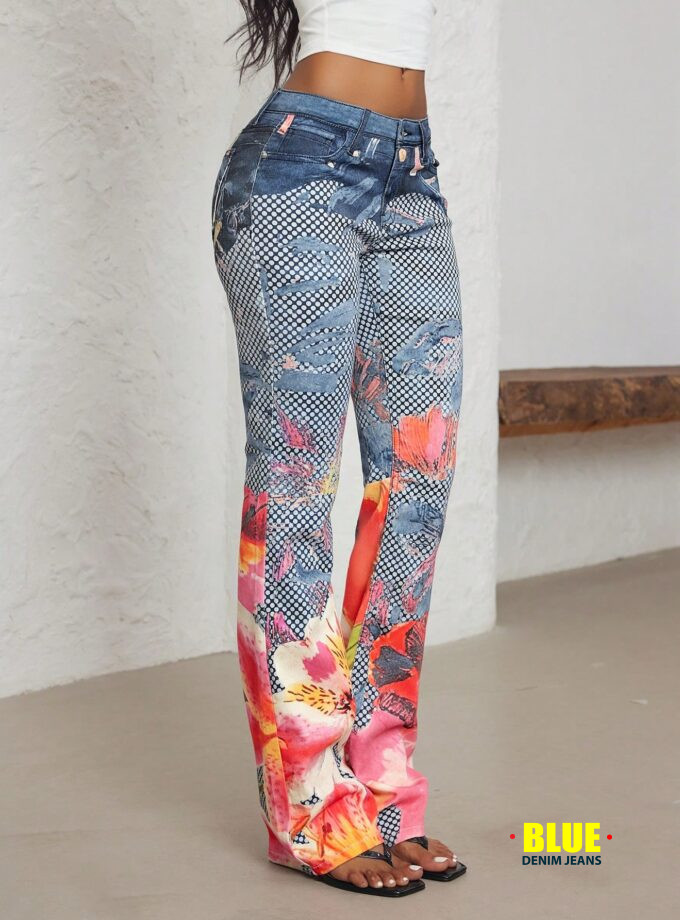 Jeanoix Women's Y2K Floral Flare Denim Jeans with Pockets