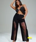 Denimoi Plus Size Wide Leg Pants With Rhinestone Mesh Insert
