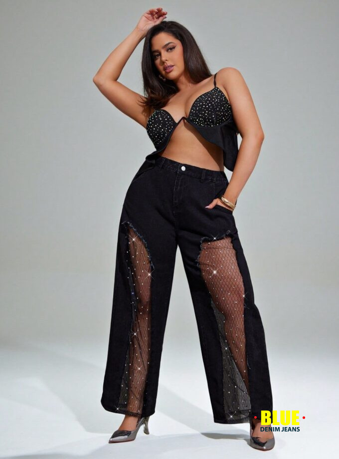 Denimoi Plus Size Wide Leg Pants With Rhinestone Mesh Insert