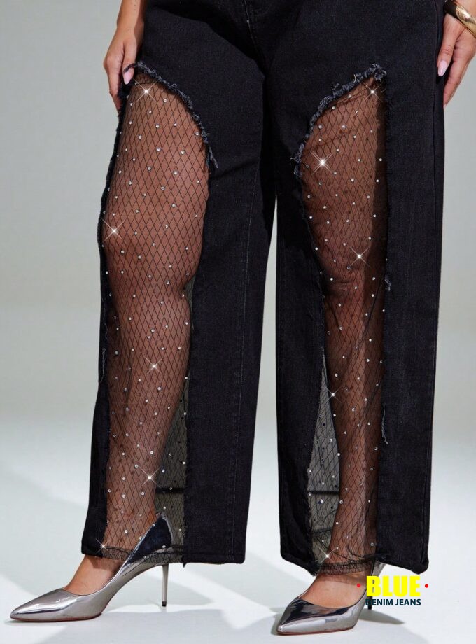 Denimoi Plus Size Wide Leg Pants With Rhinestone Mesh Insert