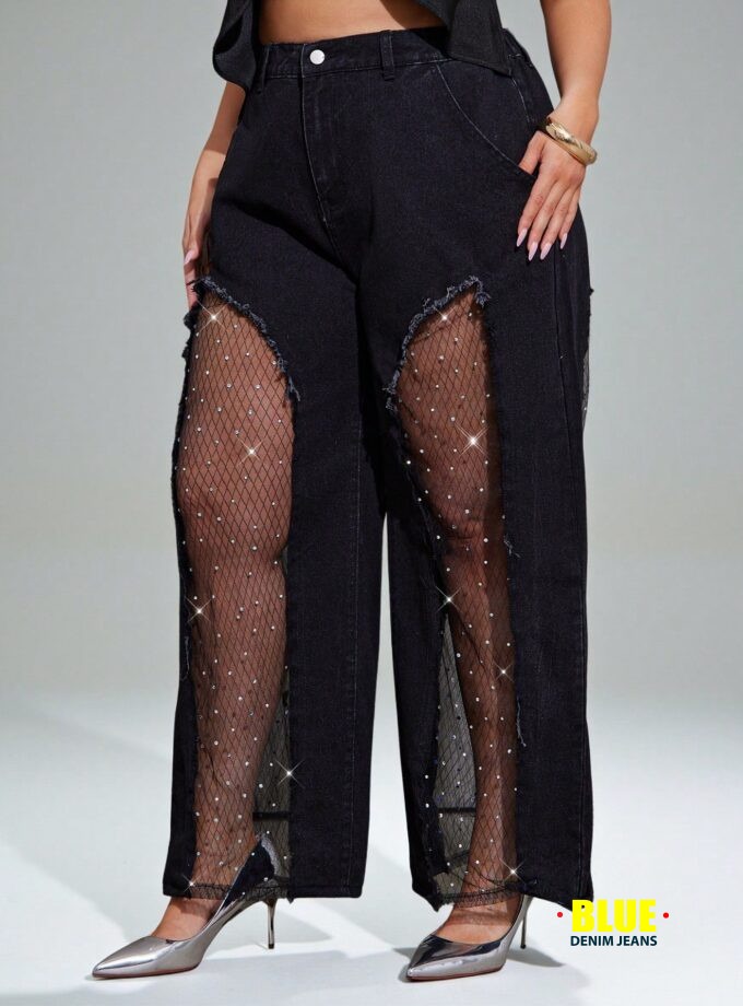Denimoi Plus Size Wide Leg Pants With Rhinestone Mesh Insert