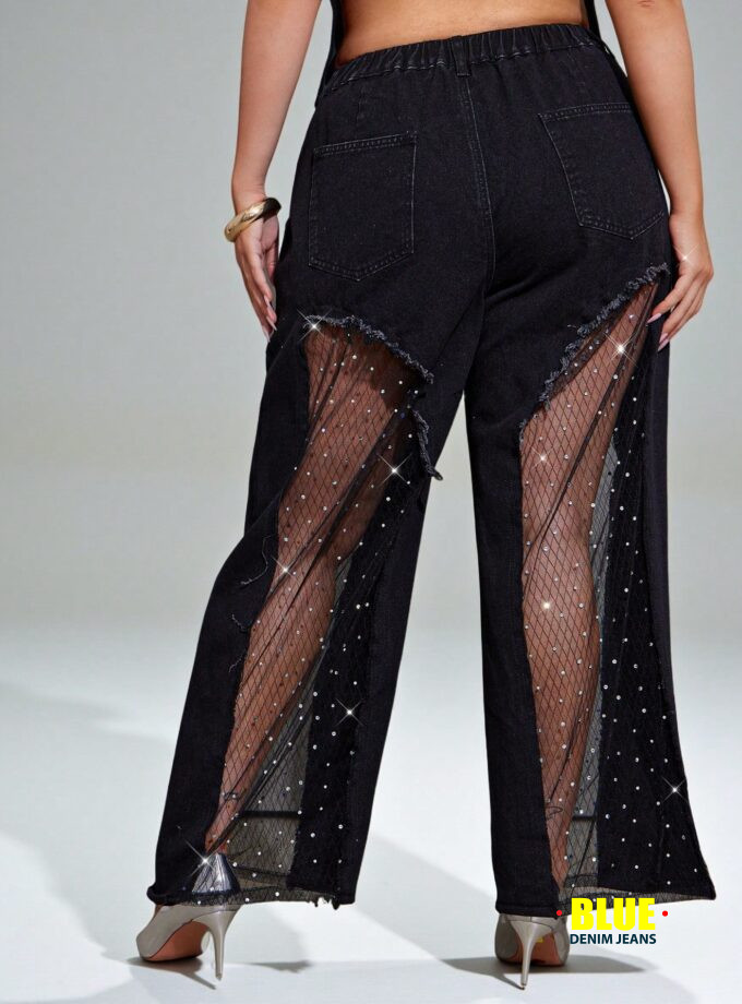Denimoi Plus Size Wide Leg Pants With Rhinestone Mesh Insert