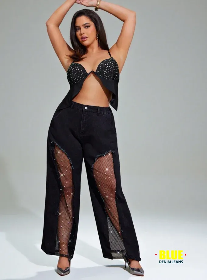 Denimoi Plus Size Wide Leg Pants With Rhinestone Mesh Insert