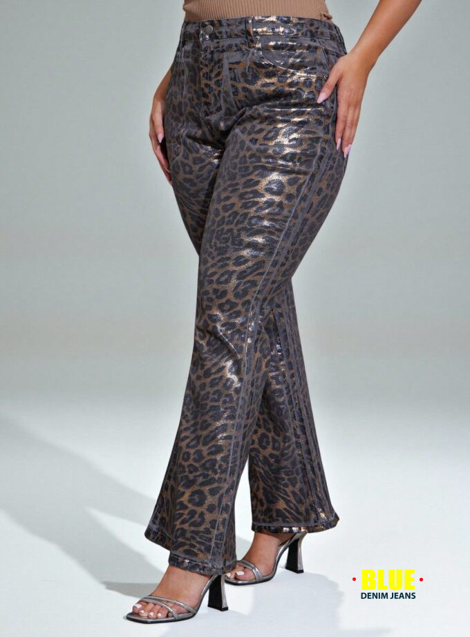 Denimoi Plus Size Leopard Print Pocket Flared Denim Jeans