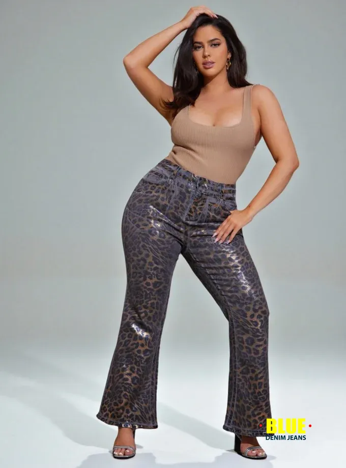 Denimoi Plus Size Leopard Print Pocket Flared Denim Jeans