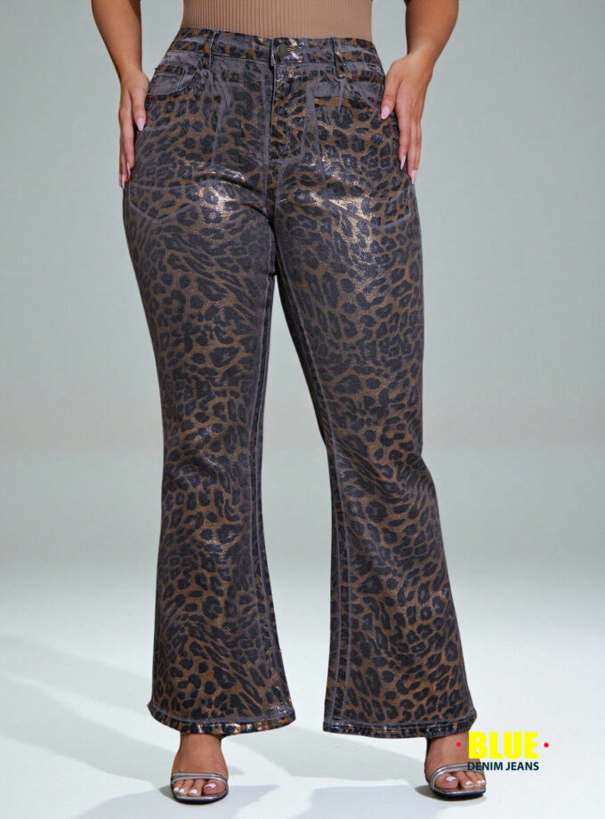 Denimoi Plus Size Leopard Print Pocket Flared Denim Jeans
