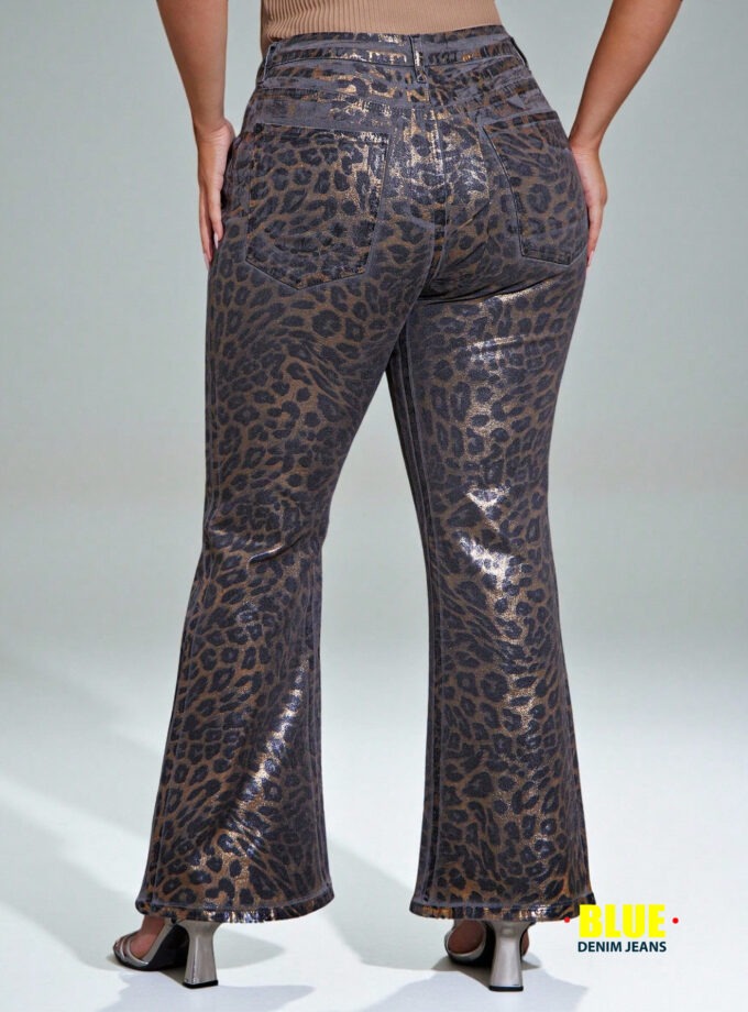Denimoi Plus Size Leopard Print Pocket Flared Denim Jeans