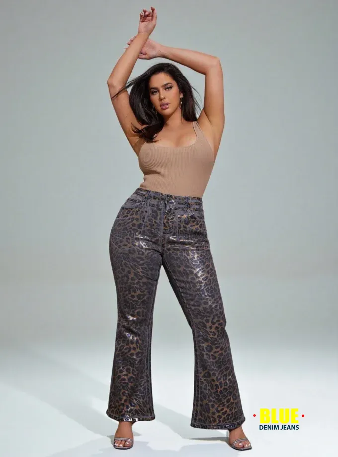 Denimoi Plus Size Leopard Print Pocket Flared Denim Jeans