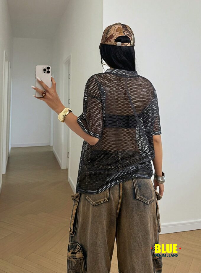 StreetHx Oversized Women's Spring & Summer Large Letter Print Mesh T-Shirt