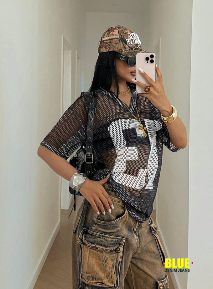 StreetHx Oversized Women's Spring & Summer Large Letter Print Mesh T-Shirt