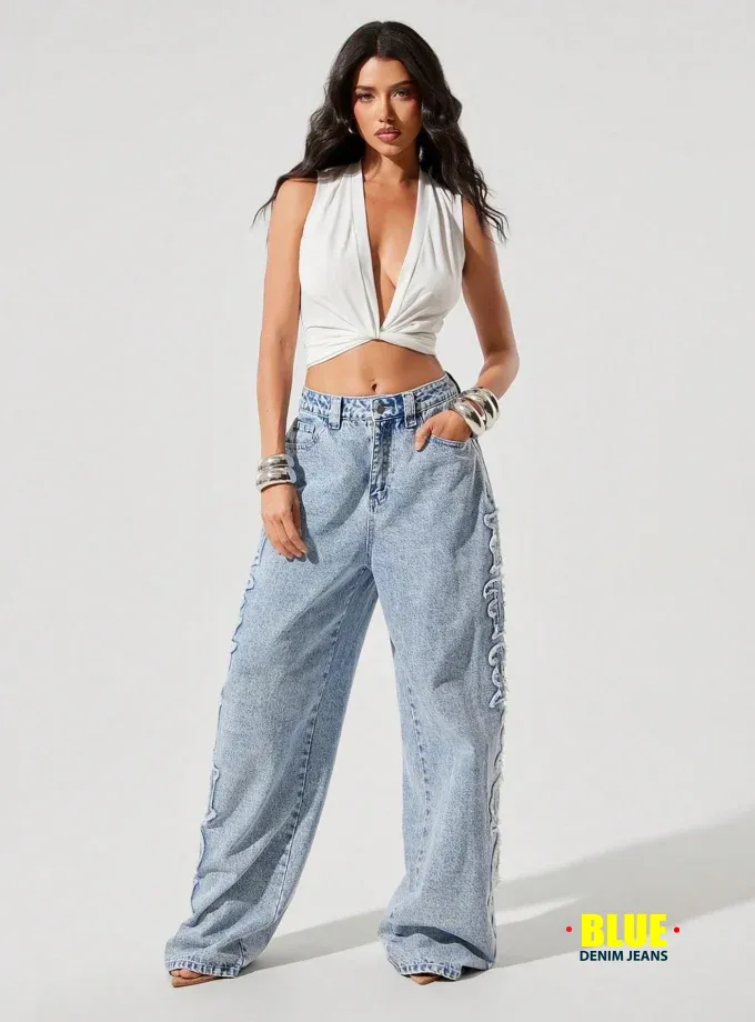 Denimoi Verbiage Frayed Patches Baggy Fit Denim Jeans