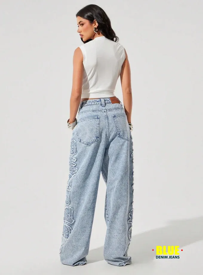 Denimoi Verbiage Frayed Patches Baggy Fit Denim Jeans