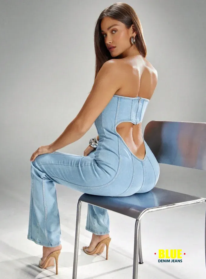 Denimoi Heart Cut Out Strapless Denim Jumpsuit, Sexy Denim Jumpsuit,