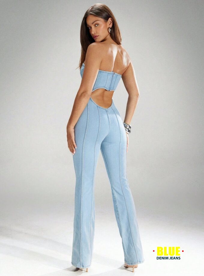 Denimoi Heart Cut Out Strapless Denim Jumpsuit, Sexy Denim Jumpsuit,