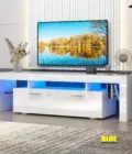LocalTV Stand For TV Up To 70&quote;, Living Room Entertainment Center With RGB LED Lights And Storage Shelves Furniture, White High Gloss TV Cabinet Console Table