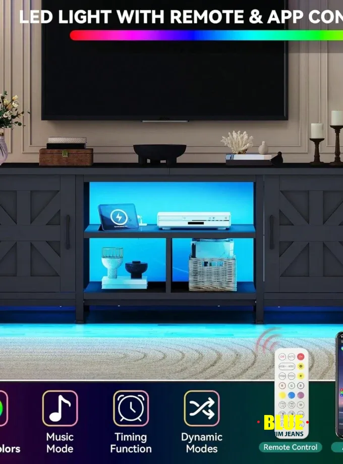 LocalTV Stand For 70 Inch TV, Farmhouse Entertainment Center With Storage Cabinets And Shelves , TV Media Console For Living Room Decor