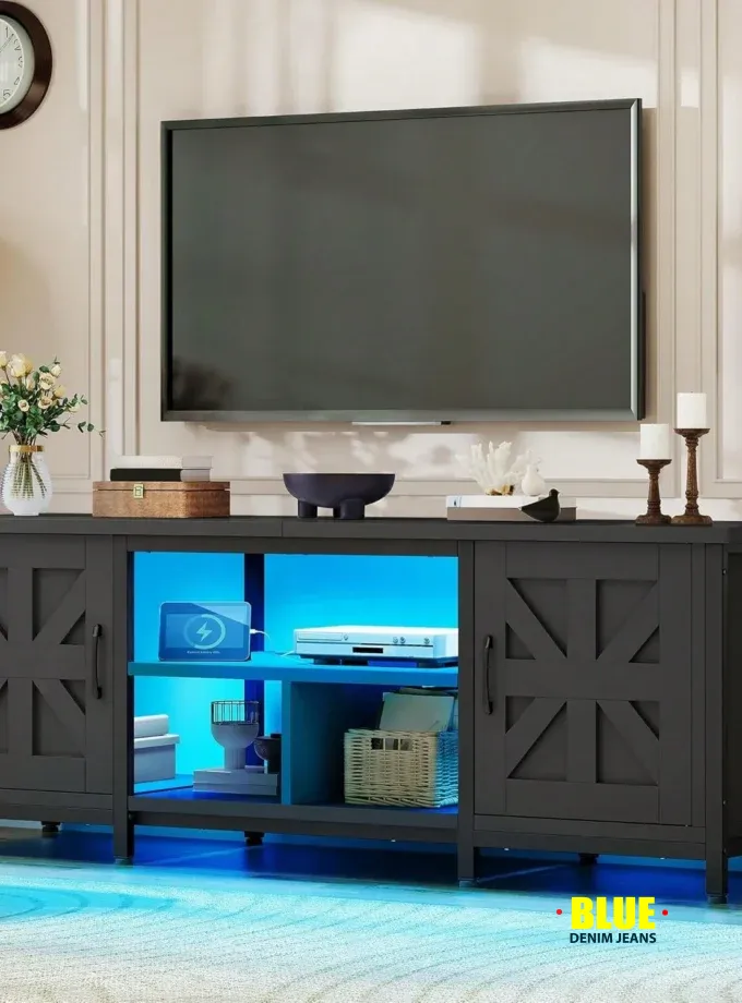 LocalTV Stand For 70 Inch TV, Farmhouse Entertainment Center With Storage Cabinets And Shelves , TV Media Console For Living Room Decor