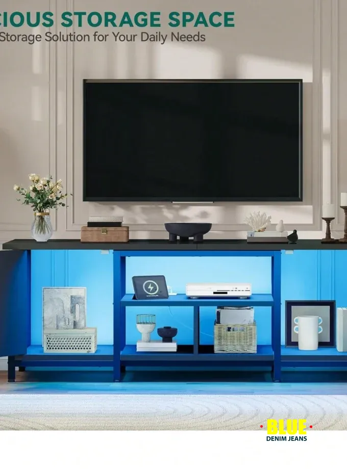 LocalTV Stand For 70 Inch TV, Farmhouse Entertainment Center With Storage Cabinets And Shelves , TV Media Console For Living Room Decor