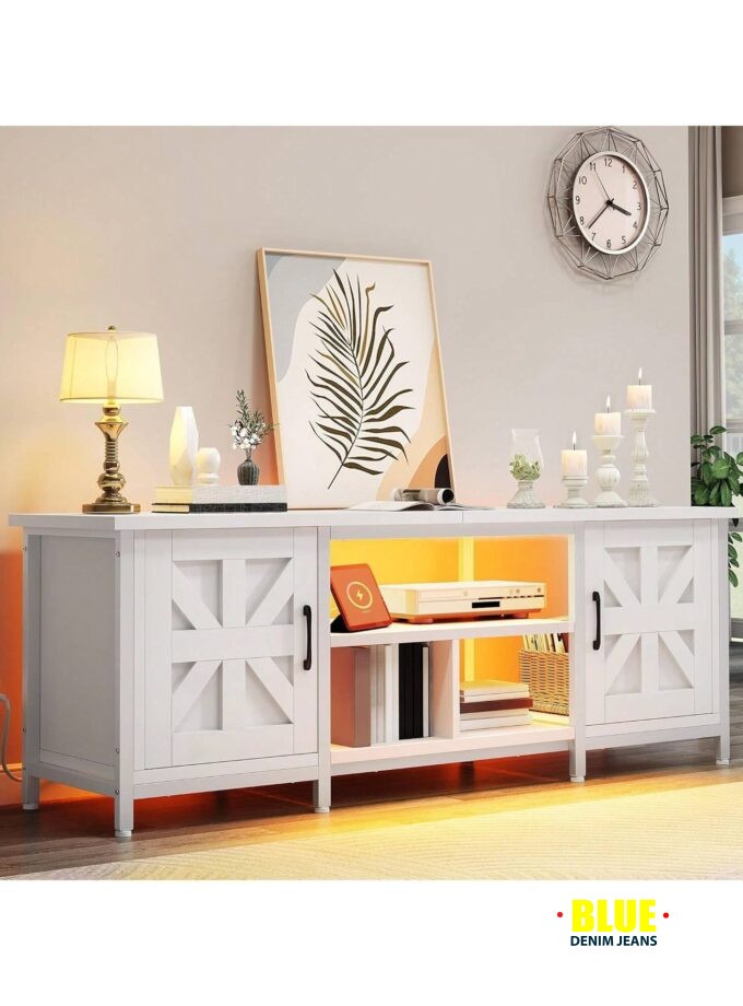 LocalTV Stand For 70 Inch TV, Farmhouse Entertainment Center With Storage Cabinets And Shelves , TV Media Console For Living Room Decor