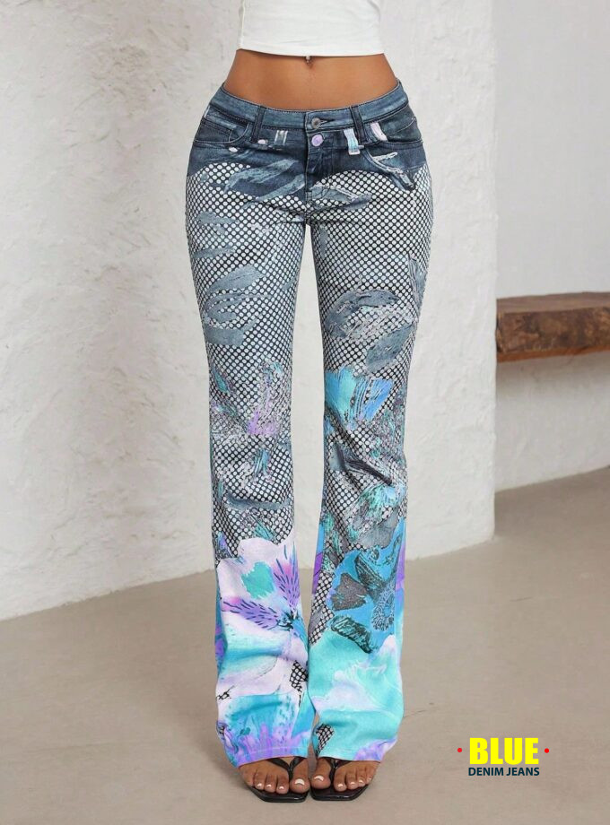 Jeanoix Women's Y2K Floral Flare Denim Jeans with Pockets