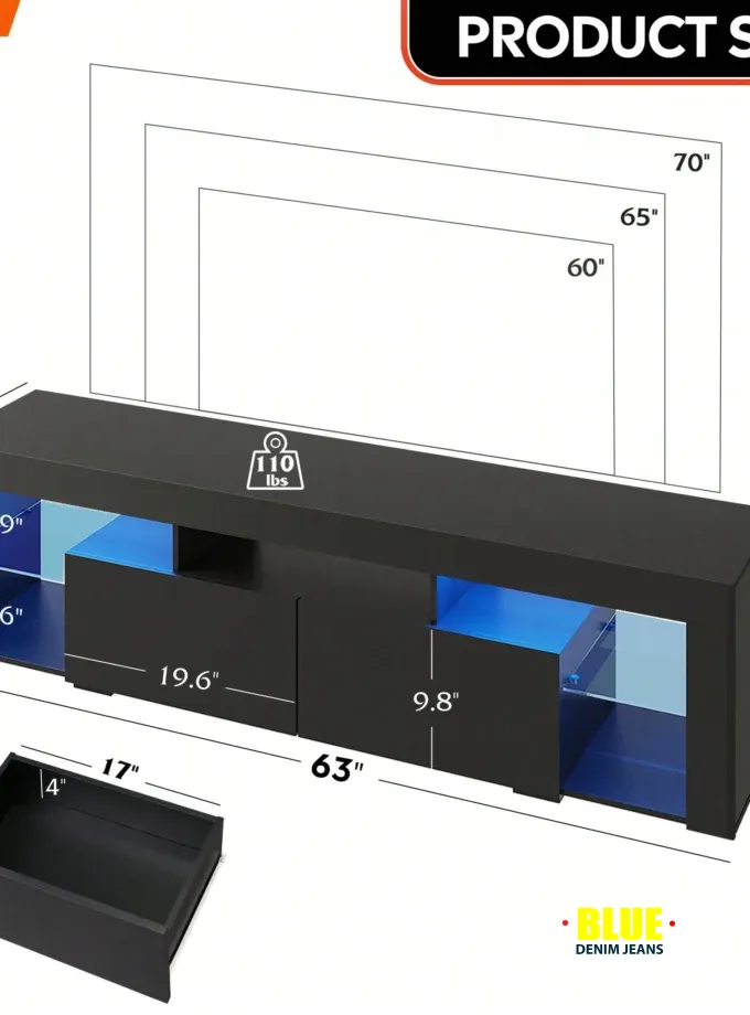 LocalTV Stand, 63 Inch Entertainment Center, Modern TV Console With 2 Drawers For Living Room, LED TV Stand For 60 To 70 Inch TV