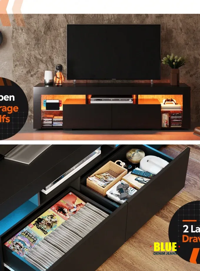 LocalTV Stand, 63 Inch Entertainment Center, Modern TV Console With 2 Drawers For Living Room, LED TV Stand For 60 To 70 Inch TV