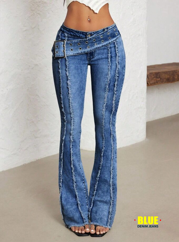 Jeanoix Women's Black Flare Jeans with Sun Buckle & Eyelets