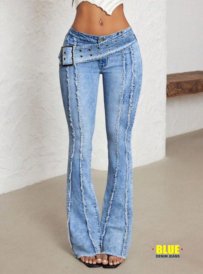 Jeanoix Women's Black Flare Jeans with Sun Buckle & Eyelets